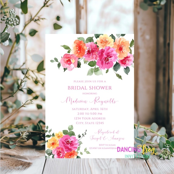 Printed 5X7, Hot Pink Floral Bridal Shower Invitations, Fuchsia, Orange, Pink Floral Bridal Shower Invitation With Envelope - Etsy Printed 5X7, Hot Pink Floral Bridal Shower Invitations, Fuchsia, Orange, Pink Floral Bridal Shower Invitation With Envelope - Etsy