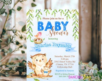 Printed, Owl Baby Shower Invitation, Boy Owl Baby Shower Invitation, Blue Owl Baby Shower, envelopes included