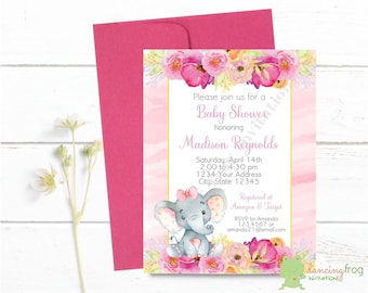 Custom Printed 4.25X5.5" Watercolor Floral Girl Pink Elephant Baby Shower Invitations, Elephant Baby Shower, envelopes included