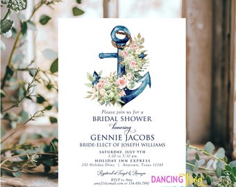 Printed 5X7, Nautical Bridal Shower Invitation, Nautical Anchor Bridal Shower, Pink Green Floral Nautical Bridal Shower, envelopes included