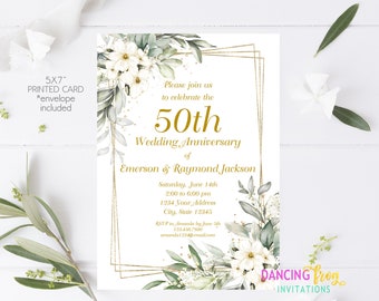 PRINTED 5X7 50th Anniversary Invitations, Greenery Wedding Anniversary Invite, 50th Wedding Anniversary Invitation, envelope included
