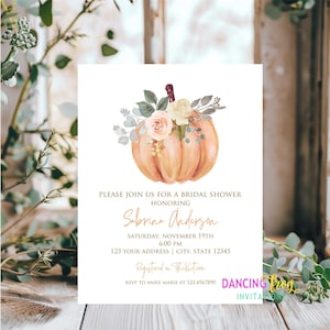 Printed 4.25X5.5&quot;, Pumpkin Bridal Shower Invitation, Fall Bridal Shower Invitation, Floral Pumpkin Bridal Shower, with envelopes