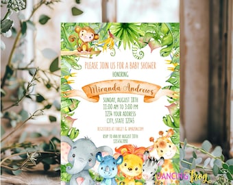 Printed 5X7, Jungle Baby Shower Invitation, Safari Baby Shower Invitation, Wild Animals, Elephant Giraffe Lion, envelopes included