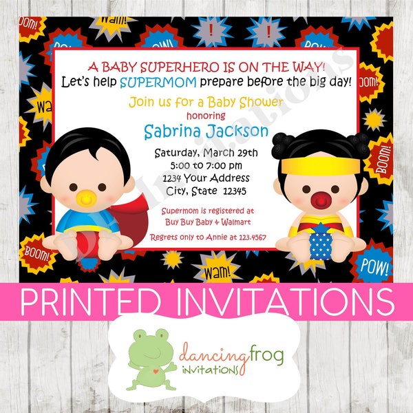 Superhero Baby Shower Invitation, boy girl, twins, Custom Printed Superhero baby shower  - by Dancing Frog Invitations