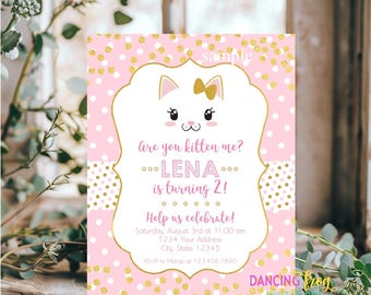 Printed 4.25X5.5, Kitten Birthday Invitations, Kitten Face, Kitten Pink Birthday Party, Invitation, Cat Birthday, envelopes included