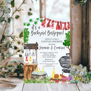 May include: A watercolor illustration of a backyard barbecue invitation for a couples shower. The invitation features a grill, a cooler with beer bottles, a picnic table with grilling tools, and a red and white checkered tablecloth. The text on the invitation reads "It's a Backyard Barbeque! Join us for a Couples Shower honoring Jasmine & Cameron. Saturday, March 19th 5:00 to 7:30 PM 1234 Your Address City, State 12345 Registered at Target and Amazon RSVP to Anna by March 10th 123.456.7890 ANNA32@EMAIL.COM"