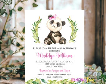 May include: A baby shower invitation with a pink and black panda bear wearing a pink bow. The invitation has a green leafy wreath around the panda bear and text that reads "Please join us for a baby shower honoring Madelyn Williams. Saturday, October 1st at 1:30 p.m. 1234 Your Address City, State 12345 Registered at Amazon and Target RSVP to Kendra by September 24th Text 123.456.7890 Dancing Frog"