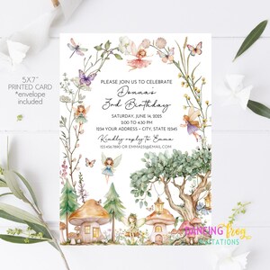 May include: A 5x7 inch printed birthday invitation with a fairy theme. The invitation features watercolor illustrations of fairies, mushrooms, trees, and flowers. The text reads "Donna's 3rd Birthday" with event details. An envelope is included.
