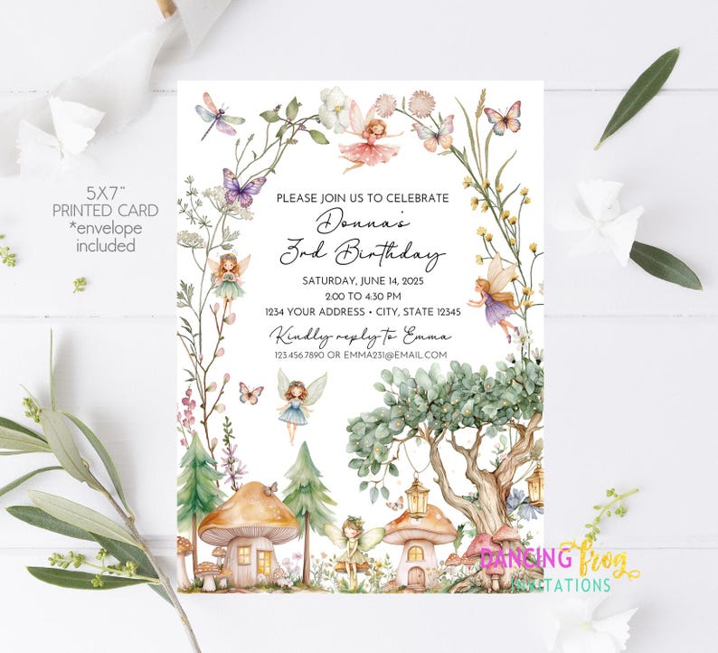May include: A 5x7 inch printed birthday invitation with a fairy theme. The invitation features watercolor illustrations of fairies, mushrooms, trees, and flowers. The text reads "Donna's 3rd Birthday" with event details. An envelope is included.