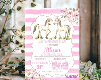 Printed 5X7, Horse Birthday Invitations, Pink Horse, Saddle Up and Gallop on Over, Horse Birthday Invitation, envelopes included