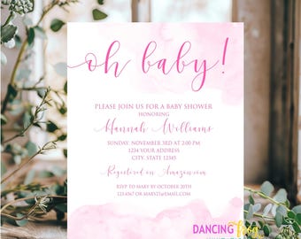 PRINTED 4.25X5.5, Watercolor Baby Shower invitation, Girl Pink Baby Shower Invitation, Simple Baby Shower, Oh Baby, envelope included