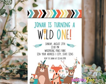 PRINTED, Wild Animals, Woodland Tribal Animals, Boho Animals, Wild One, Birthday Invitations- 5X7" with envelope