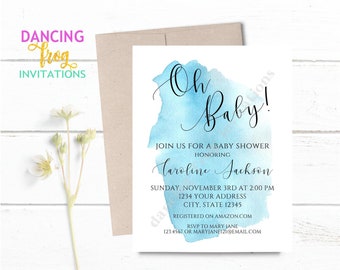 Custom Printed 4.25X5.5" Watercolor Oh Baby Baby Shower Invitation, Boy Baby Shower Invitation, Simple - with envelopes