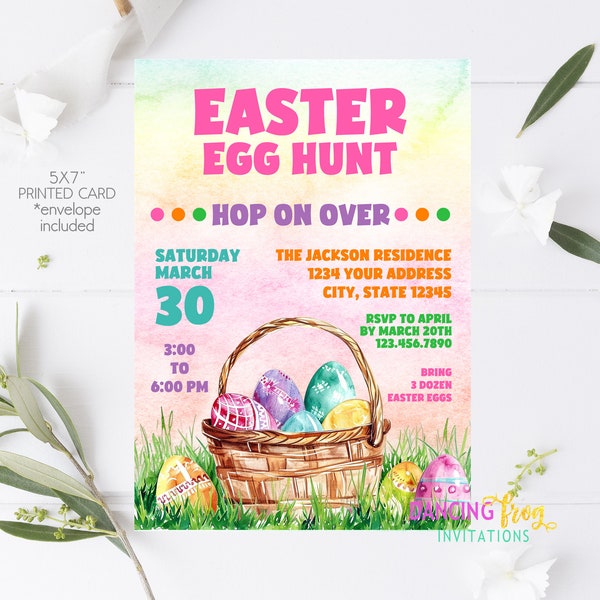 PRINTED, Hop on over Easter egg hunt invite, Easter party invite, Egg hunt party, Easter egg invite, envelope included