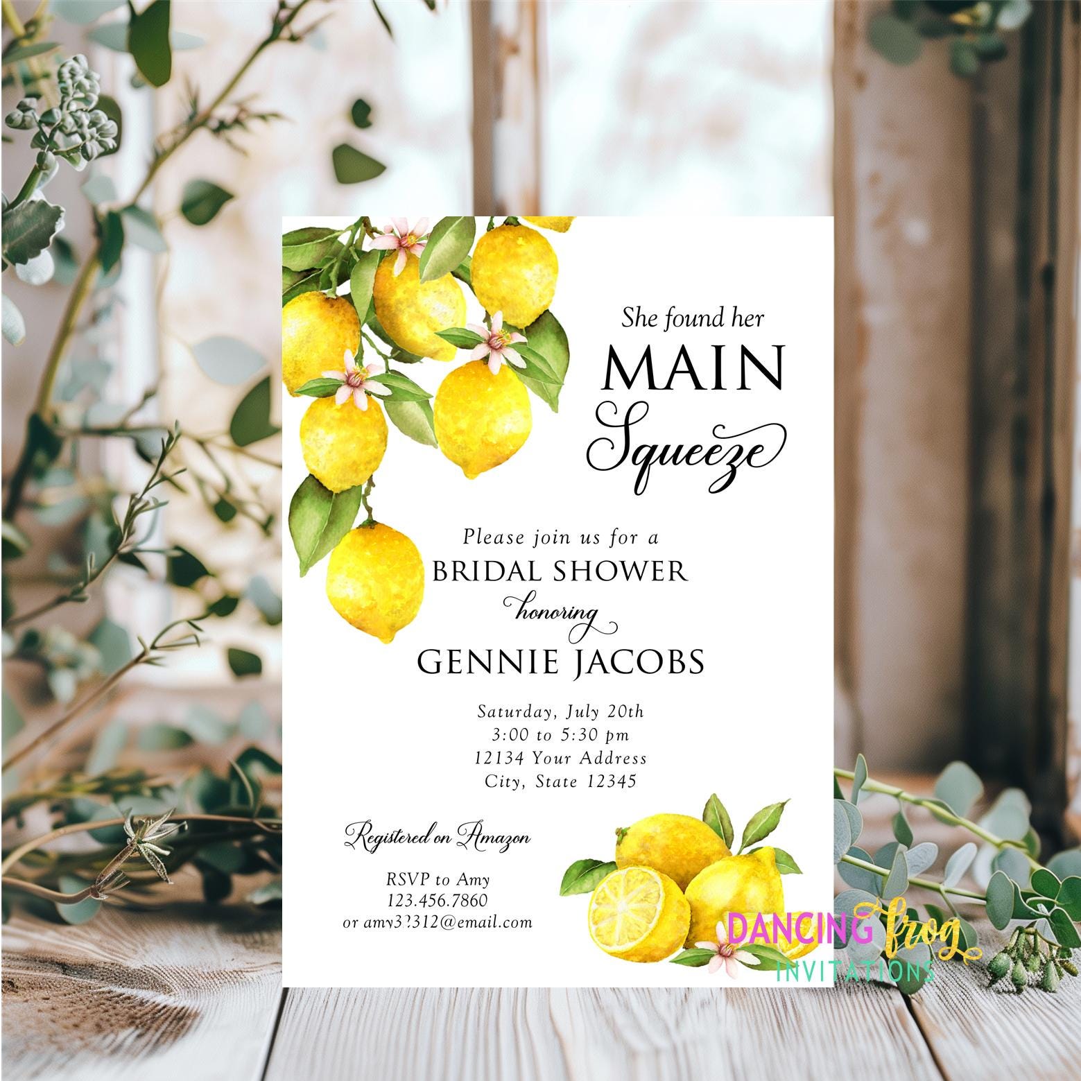 Printed 5X7,  Lemon Bridal Shower Invitations, She found her main squeeze, Lemon Bridal Shower, Citrus Lemon Wedding, envelopes included