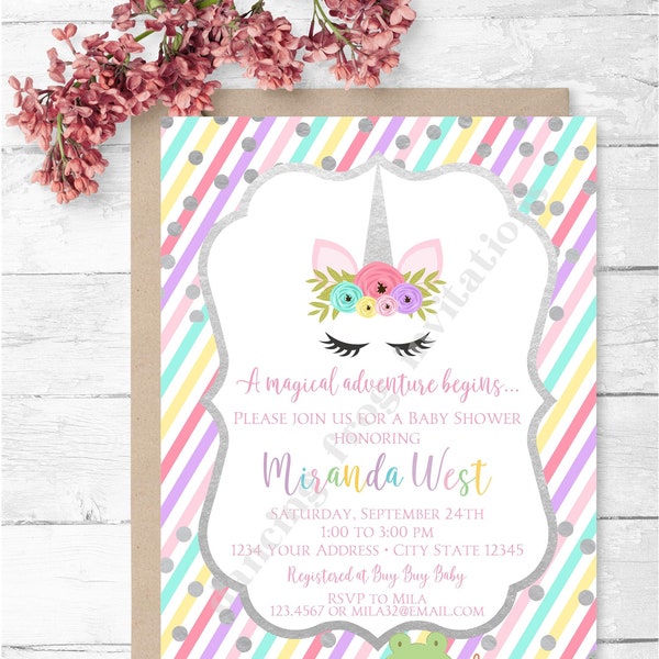 Custom Printed 4.25X5.5" Unicorn Baby Shower Invitations, Unicorn Face, Silver, Unicorn Shower, Invitation, envelopes included