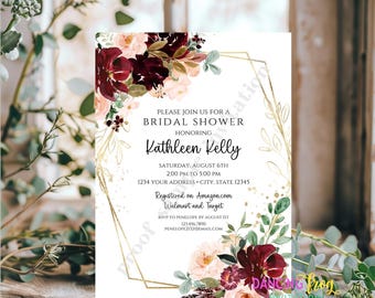 Printed, 5X7, Burgundy Peach, Gold, Floral Bridal Shower invitation, Burgundy Floral Bridal Shower Invitation, envelope included