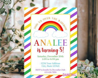 Printed 5X7, Rainbow Birthday Invitation, Printed Rainbow Birthday Invitation, Over the Rainbow, envelopes included