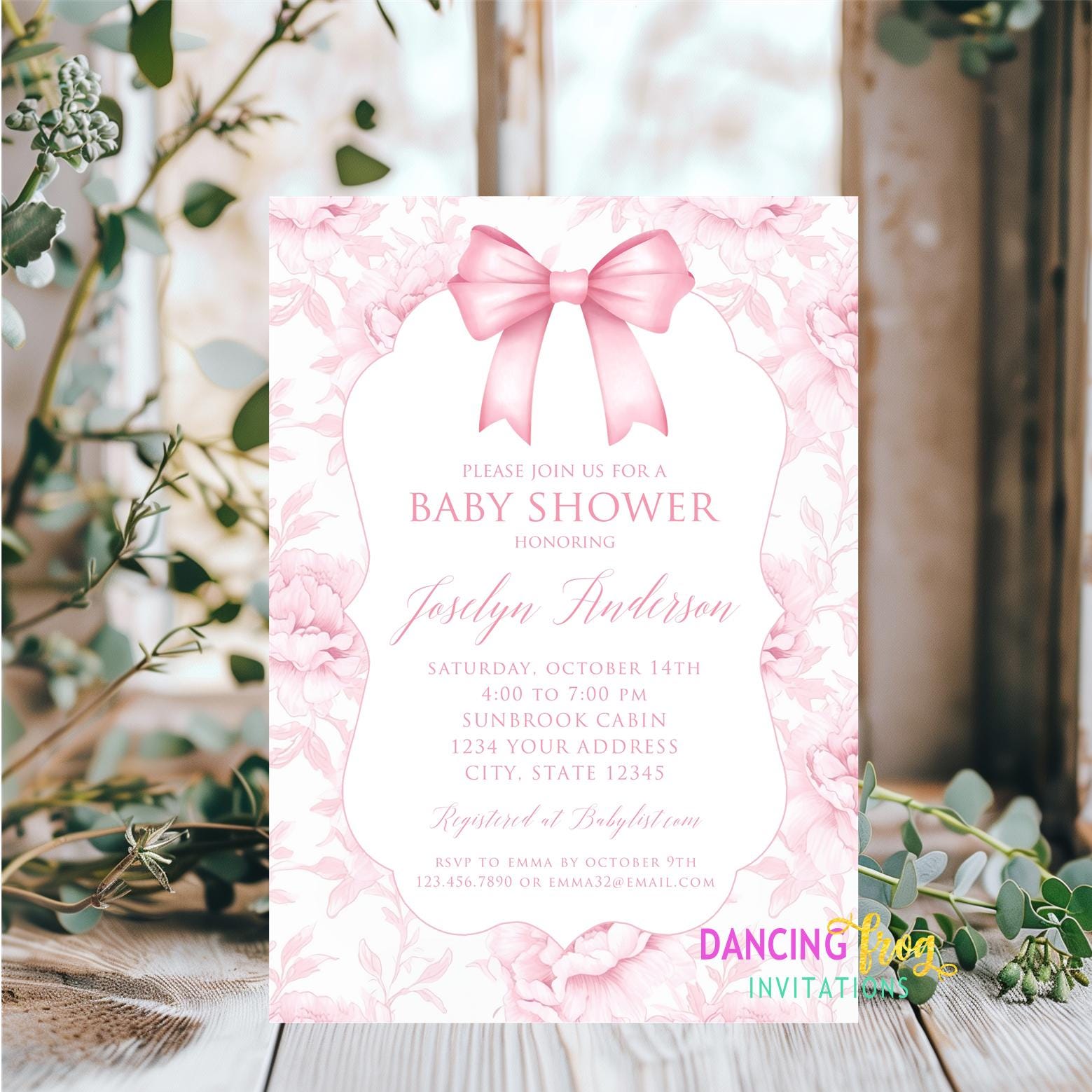 Printed 5X7, Pink Bow Baby Shower Invitation, Printed Floral Pink Bow ...