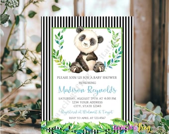 May include: Black and white striped baby shower invitation with a green and blue watercolor illustration of a panda bear. The text reads "Please join us for a baby shower honoring Madison Reynolds. Saturday, August 19th at 4:00 PM. 1234 Your Address. City, State 12345. Registered at Walmart & Target. RSVP to April at 123.4567."