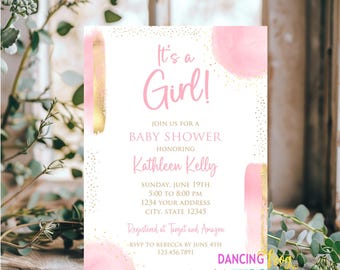 Printed 5X7, It's a Girl Baby Shower Invitation, Girl Pink Gold Baby Shower Invitations, Baby Shower, Simple, envelopes included
