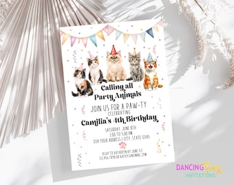 Printed 5X7, Cat Birthday Invitation, Printed Kitten Birthday Invitation, Party Animals, Cat Kitten Paw-ty Invitation with envelope