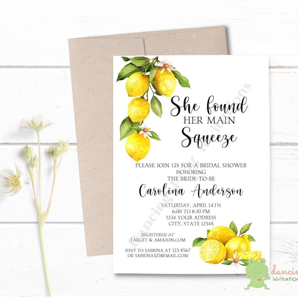 Custom Printed 5X7" Watercolor Lemon, Main Squeeze, Lemon Bridal Shower Invitations, Lemon Bridal Shower Invitation, with envelopes