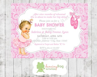 Vintage, Antique Ballerina Baby Shower Invitation - Printed Vintage Ballerina Baby Shower Invitation by Dancing Frog Invitations