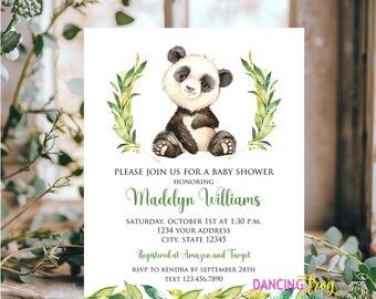 May include: A baby shower invitation with a watercolor illustration of a panda bear sitting in a wreath of green leaves. The text reads "Please join us for a baby shower honoring Madelyn Williams. Saturday, October 1st at 1:30 p.m. 1234 Your Address, City, State 12345. Registered at Amazon and Target. RSVP to Kendra by September 24th. Text 123.456.7890. Dancing Frog".
