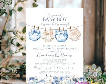 PRINTED 5X7, Diapers and Wipes Baby Shower Invitation, Boy Diapers and Wipes Baby Shower, Printed Baby Shower Invitation, with envelopes