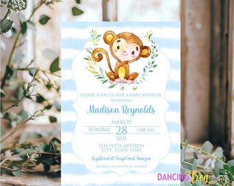 Printed, Monkey Baby Shower Invitation - Boy Blue Monkey Baby Shower Invitation - Monkey Baby Shower - 5X7" Printed - with envelopes