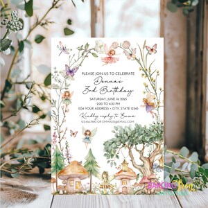 May include: A whimsical invitation for a 3rd birthday celebration. The design features watercolor illustrations of fairies, butterflies, mushrooms, and trees. The text reads "Please join us to celebrate Donna's 3rd Birthday" with event details.
