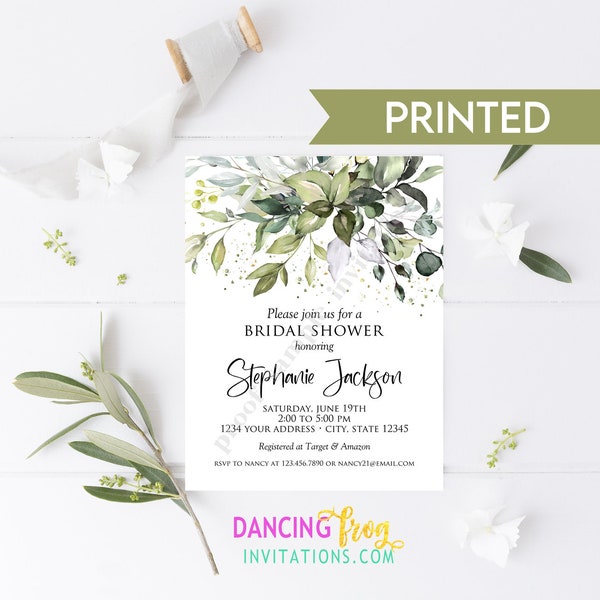 Custom PRINTED 4.25X5.5 Greenery, Eucalyptus Bridal Shower invitation, kraft or white envelope included