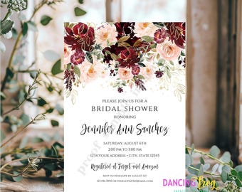 Printed 5X7 Burgundy Peach, Gold, Floral Bridal Shower invitation, Burgundy Floral Bridal Shower Invitation, envelope included