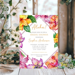 Printed 5X7, Tropical Floral Bridal Shower Invitation, Tropical Luau Bridal Shower, Luau, Hawaiian, envelopes included