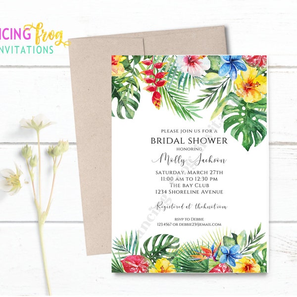 Custom Printed 5X7" Watercolor Aloha, Luau, Tropical Bridal Shower Invitations, Floral hibiscus Bridal Shower, with envelope