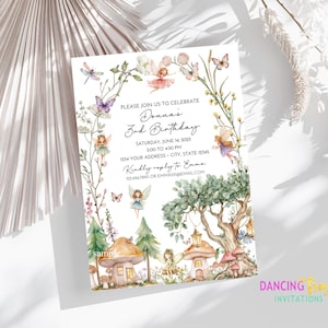 May include: A whimsical birthday invitation featuring a watercolor illustration of fairies, mushrooms, and trees. The invitation includes the text "PLEASE JOIN US TO CELEBRATE Donna's 3rd Birthday" with event details. The design incorporates butterflies and floral elements.