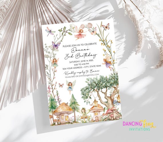 Printed 5X7, Fairy Birthday Invitation, Enchanted Invitation Garden Forest Girl Invite Floral Magical Princess Party, with envelopes