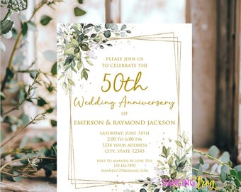 PRINTED 4.25X5.5 - 50th Anniversary Invitation, Greenery Wedding Anniversary Invite, Wedding Anniversary Invitation, envelope included