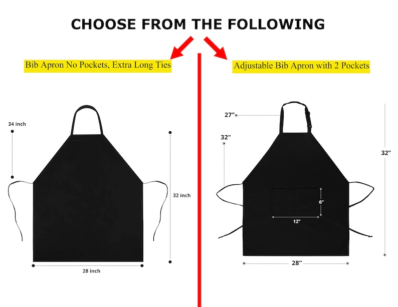 May include: Black bib aprons with and without pockets, with measurements. The apron without pockets is 34 inches long and 28 inches wide. The apron with pockets is 32 inches long and 28 inches wide, with a 12x6 inch pocket.