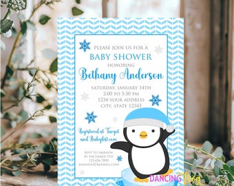 Printed 5X7, Penguin Baby Shower Invitations, Printed Penguin Baby Shower Invitation, Penguin Boy Blue, envelopes included