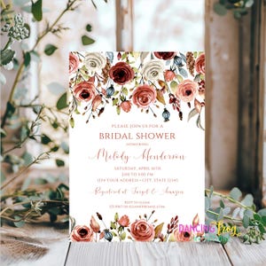 Printed 5X7&quot;, Terracotta Floral Bridal Shower Invitation, Fall Floral Bridal Shower Invitations with envelope