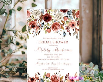 Printed 5X7", Terracotta Floral Bridal Shower Invitation, Fall Floral Bridal Shower Invitations with envelope