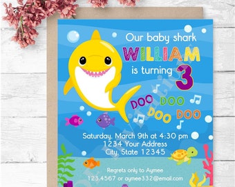Custom Printed 4.25X5.5", Under the Sea, Shark Birthday Invitations, Shark Birthday Invitation, White or Kraft envelopes included