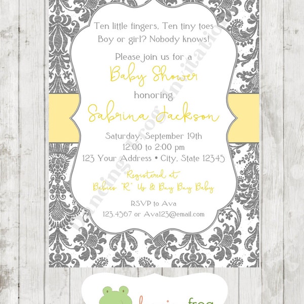 Gender Neutral Damask Gray and Yellow Baby Shower Invitation - Printed Damask Baby Shower Invitation by Dancing Frog Invitations