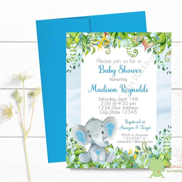 Custom Printed 4.25X5.5" Watercolor Boy Elephant Baby Shower Invitations, Elephant Baby Shower, envelopes included