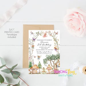 May include: A 5x7 inch printed birthday invitation with an envelope. The invitation features a whimsical fairy theme with illustrations of fairies, butterflies, and a mushroom house. The text reads "Donna's 3rd Birthday".