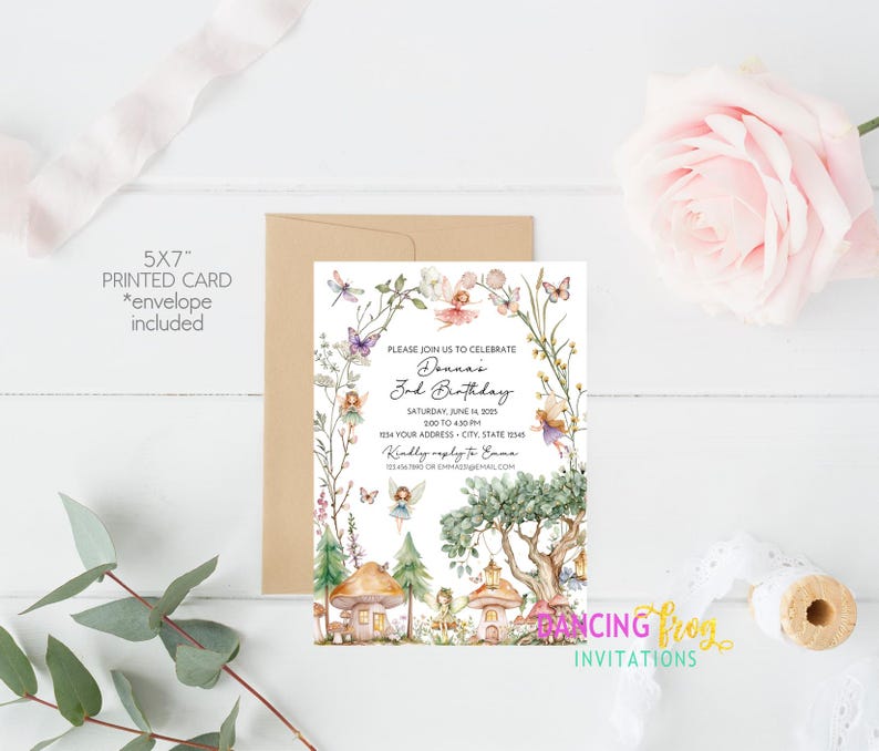 May include: A 5x7 inch printed birthday invitation with an envelope. The invitation features a whimsical fairy theme with illustrations of fairies, butterflies, and a mushroom house. The text reads "Donna's 3rd Birthday".