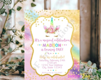 Printed 4.25X5.5",  Printed Unicorn Birthday Invitations, Unicorn Face, Unicorn Party, Unicorn Birthday Invitation, envelopes included