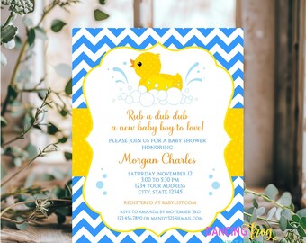 Printed 4.25X5.5, Rub a dub dub Baby Shower Invitations, Duck Baby Shower, Ducky Baby Shower, envelopes included